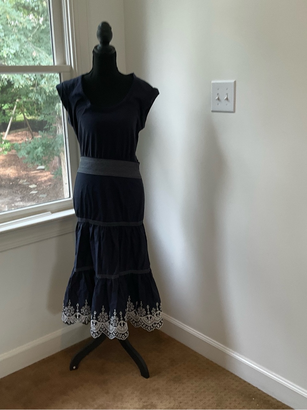 Veronica Beard Navy Tiered Midi Dress with White Embroidered Hem